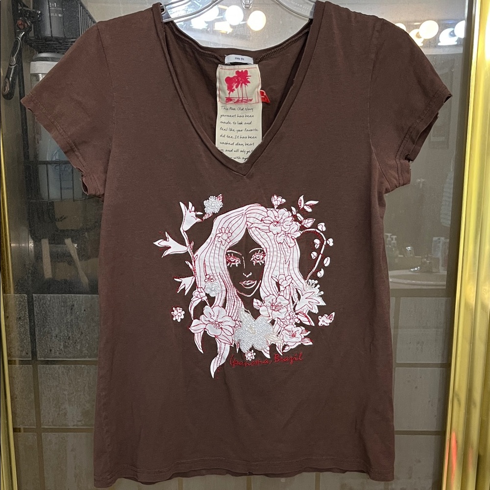 Old Navy Brown V-Neck Vintage Tee with White & Pink Floral Graphic